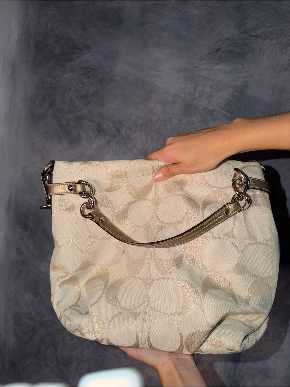 Coach Cream Signature Monogram Hobo with Chain-Trim Straps